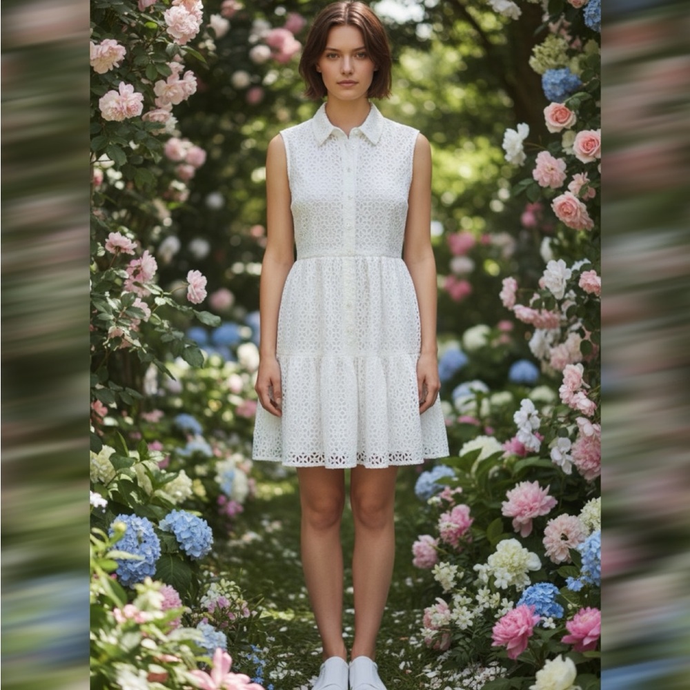 Kate Spade White Eyelet Sleeveless Tiered Shirt Dress W/ Pockets